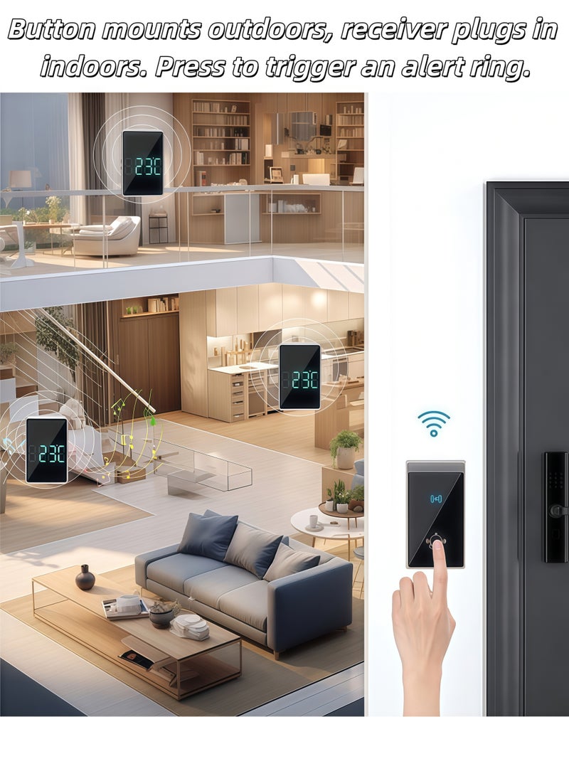 XiuWoo Wireless Doorbell,IP44 Waterproof Wireless Doorbell,with LED Weather Display, Adjustable Volume Wireless Chime, Long Range Strong Wall Penetration, Easy Pairing Wireless Door Chime Kit,56 Sounds and 5 Levels of Volume,for Home, Apartment, Office, Warehouse,Hotel,Dormitory,Elderly, Hearing Impaired(1 Transmitter 2 Receivers) - Image 5